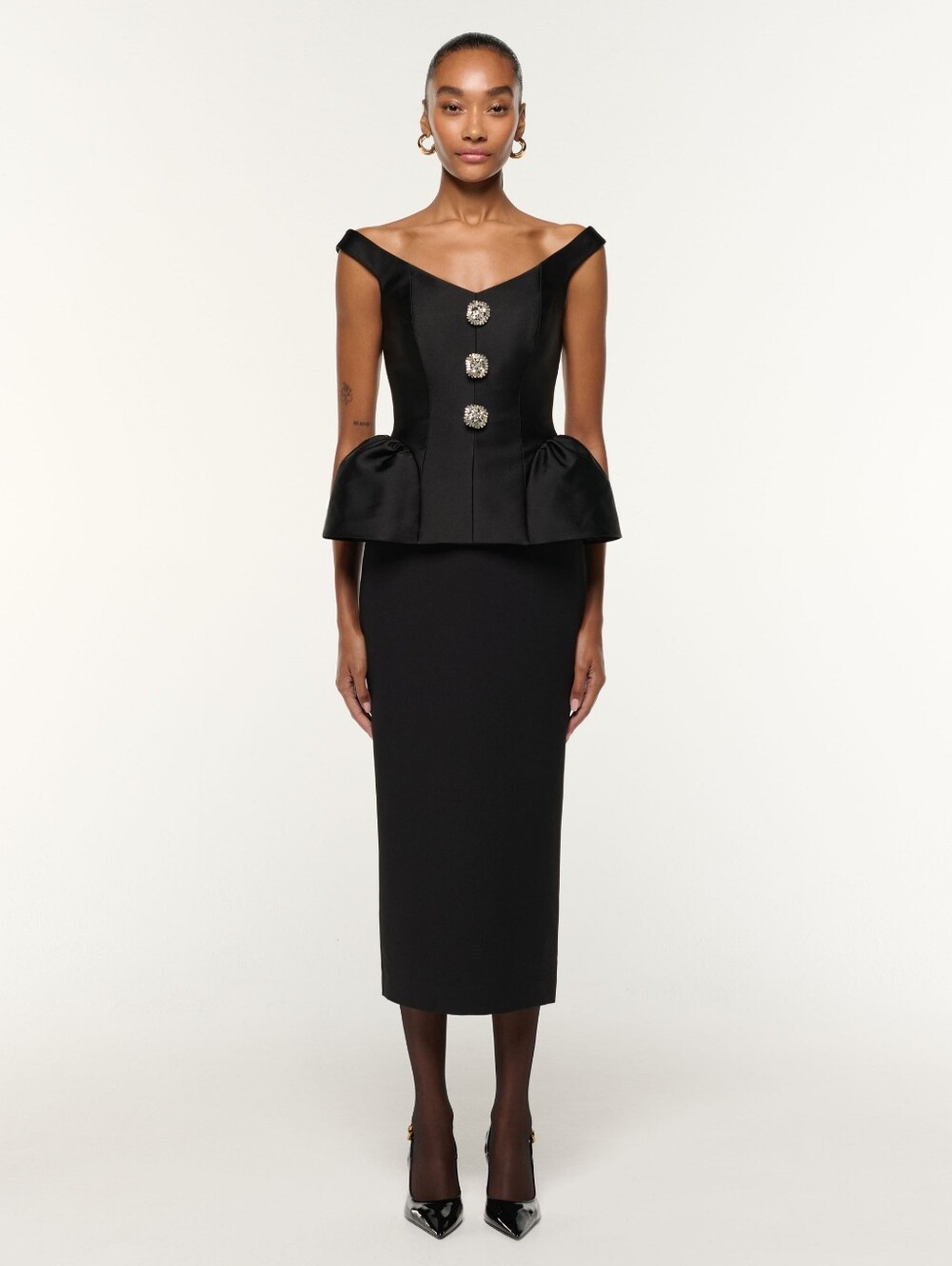 Roland Mouret Crystal Button Peplum Taffeta Crepe DressBlackBlack